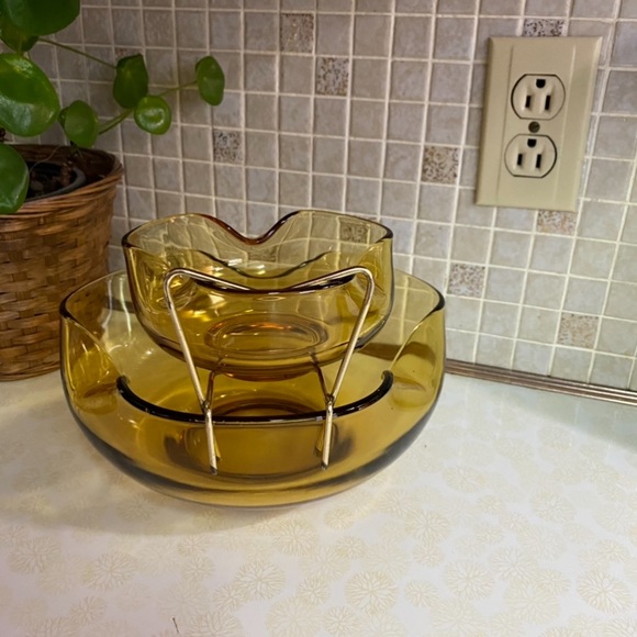 Vintage Chip & Dip bowl set with clip amber glass MCM - Picture 3 of 7